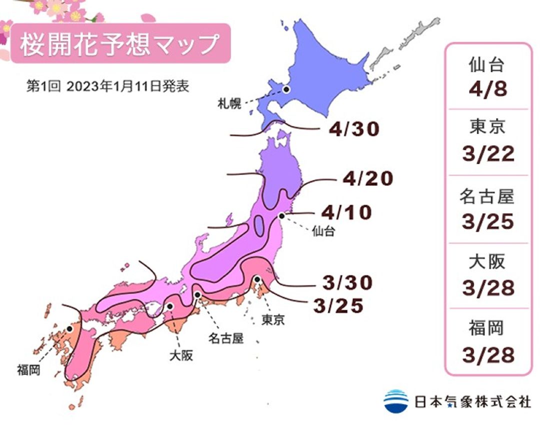 2023/1/11日本氣象株式會社第一次櫻花預測
