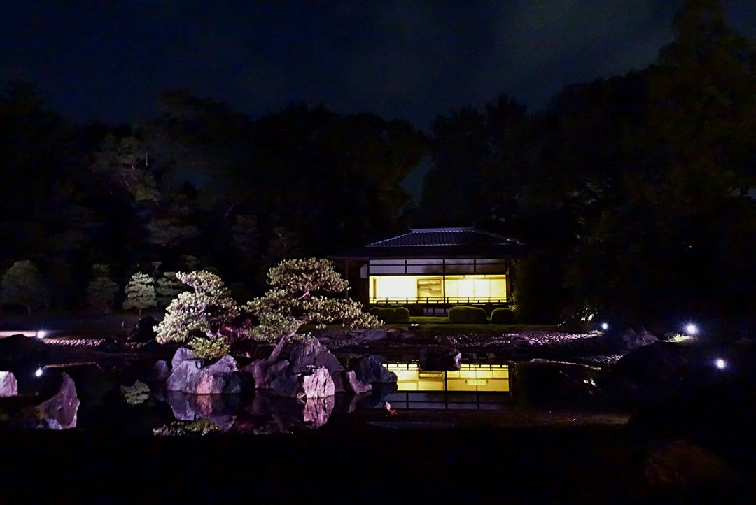 也有一種是利用建物內部燈光投射在池塘，這樣的畫面跟金閣寺有點像，都是呈現池塘或湖面上的靜立之美