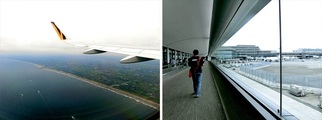 左：日本的海岸陸地　／　右：通往入境處的超長通道
