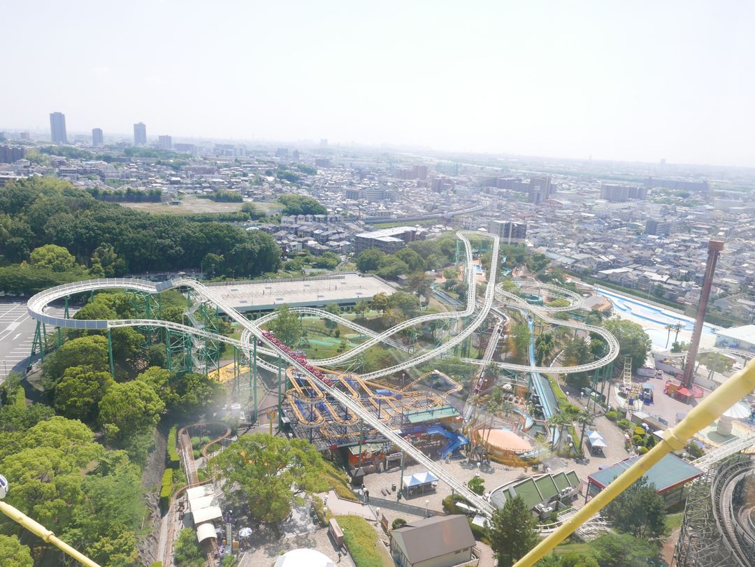 從摩天輪向下眺望的園方及遠方的大阪市景