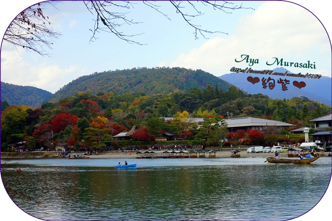 從龜山公園對岸拍攝的景色，艷紅的楓樹在萬欉綠葉中特別顯眼。