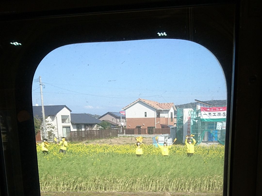 經過油菜花田時，工作人員在花田中揮舞旗幟