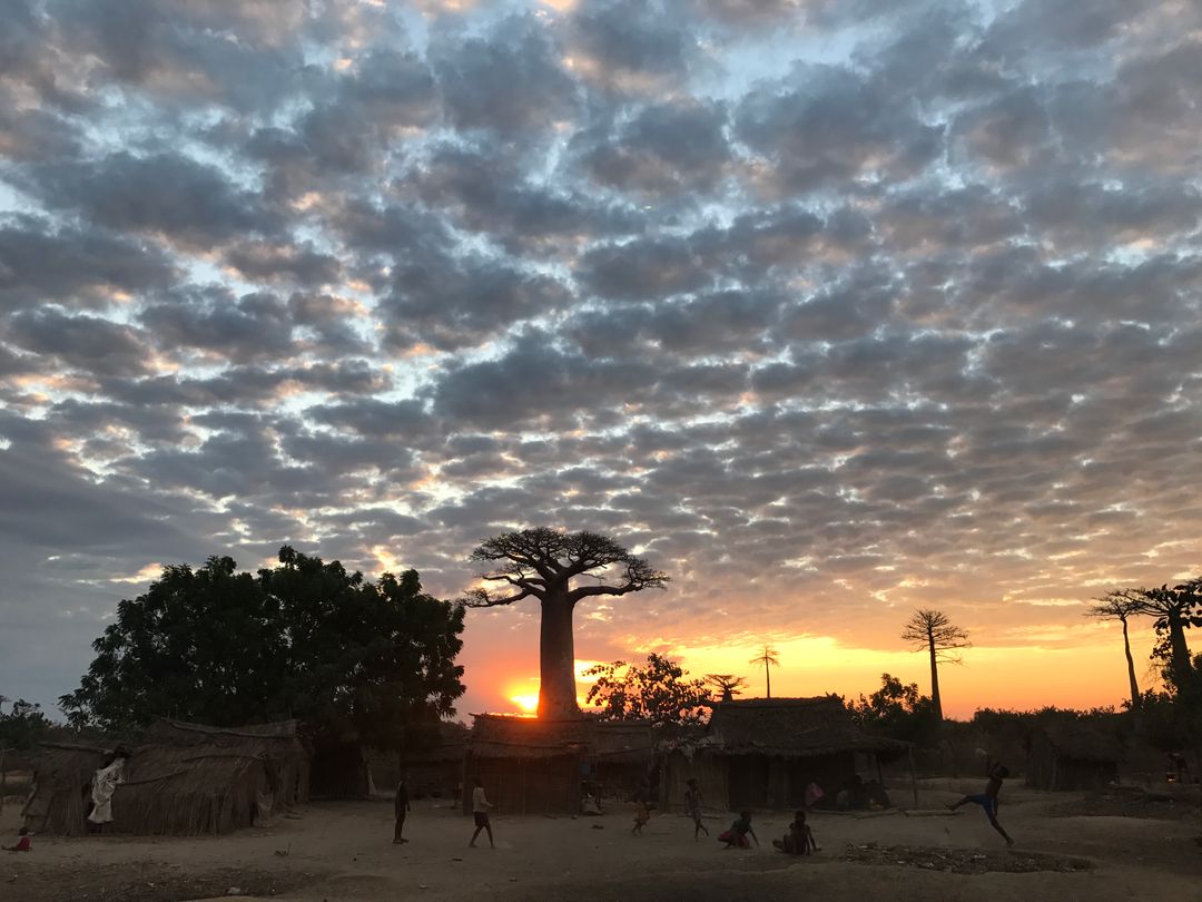 落日時分，Baoba旁邊的小村落與踢球的孩童。