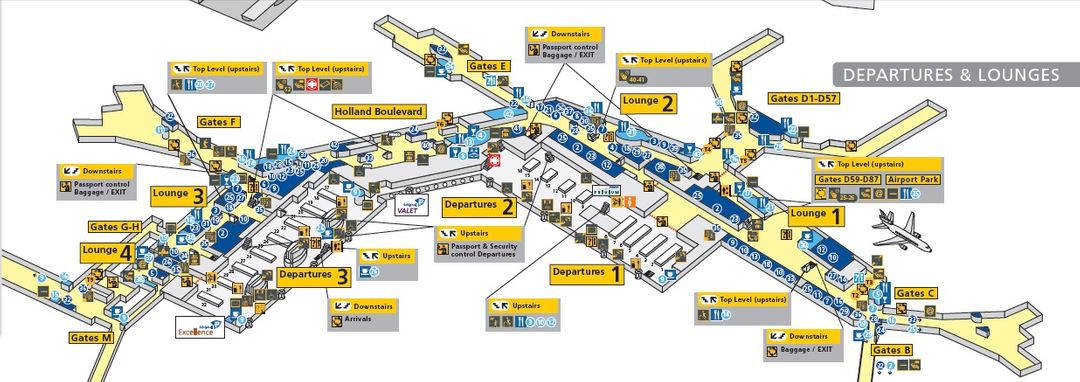 (資料來源: http://www.schiphol.nl/Travellers/AtSchiphol/Maps/DeparturesAndLounges.htm )